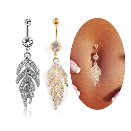 Pełna Rhinestone Leaf Feather Belly Botton Pierścień Piercing pępek 14g Dangly Button Pierścień Chirurgiczny Moda Ze Stali Nierdzewnej Mody