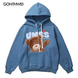 Gonthwid Creative Вышивка Hello Bear Hoodies Streetwear Хип-хоп Повседневная Пуловер Толстовки с капюшоном Мужская Harajuku Топы 210728