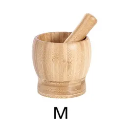 Manual Garlic Grinder Bamboo Mortar Pestle Set Herb Crush Pedestal 210611