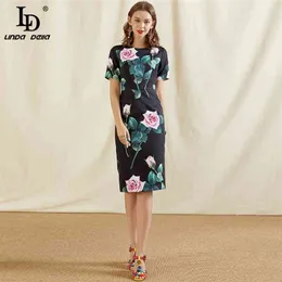 Мода взлетно-посадочная полоса летнее платье женщины о-выреза с коротким рукавом роза цветок печатают черные тонкие винтажные дамы MIDI платья 210522
