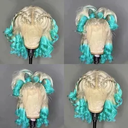 2021 moda 360 frontal curto wigs wigs loira ombre cor verde cor brasileiro cabelo sintético peruca dianteira para as mulheres cosplay