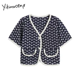 Yitimuceng Vintage Floral T Shirts Woman Pockets Button Up Tees V-Neck Tops Solid Blue Summer Fashion Knitted Tshirts 210601