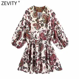 Zevity Women Vintage Vネックペイズリープリントレースアップウエストシャツドレス女性シックレトロトーテムフローラルカジュアルコートVestidos DS8341 210603