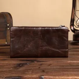 Plånböcker klassisk lyx 100% topp äkta kohud läder hög kvalitet män lång plånbok mynt handväska vintage vaxolja hud man