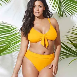 Wysoka talia bikini plus swimwear kobiety sexy bow-knot push up strój kąpielowy solidny garnitury kąpielowe letnia plaża nosić 4xl 210625