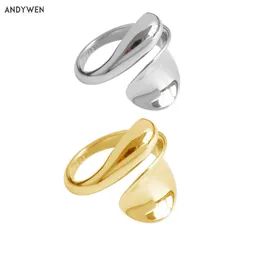 Andywen 925 Sterling Silver Dure Plain Snake Resizable Rings Kobiety Luksusowe Złoto Rock Punk Regulowany Oświadczenie Biżuteria 210608