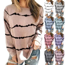 Hurtownie Nowy Tie-Dye Paski Printed Bluza Dorywczo Okrągły Neck Z Długim Rękawem T-Shirt Moda Pullover Kobiety Długi rękaw Y0629