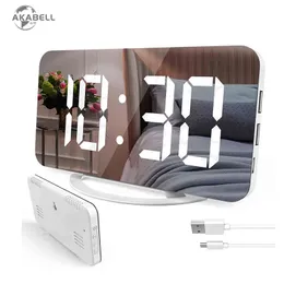 Akabell Digital Budzik 7 "Duże lustro LED Zegary elektroniczne z dotykowym drzemki Dual USB Desk Desk Ściany Nowoczesne Zegary 211111