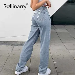 Sollinarry High Waist Denim Kvinnors Byxor Vår Fashion Rakben Byxor Hög Street Style All-Match Jeans 210709