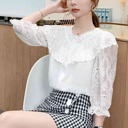 Korean-Style Women's Blouses Short-Sleeved Doll Collar Lace Shirt Top Half-Sleeved Pullover Blusas Femininas Elegante 57A 210420