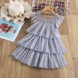 子供たちのための女の子の灰色の層ドレスのためのドレスフレアスリーブ夏の日焼け止めファッションスパンコールパーティー衣装衣料品210529