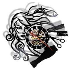 Nowoczesny fryzjerski Nagrywanie Vinyl LED Światła Światła Wiszące Hairdresser Zegarze Scinny do fryzury Salon piękności 210724