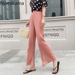 Nomikuma Summer Chiffon Ankle Length Pants Women Solid Color Casual Loose High Waist Trousers Split Design Pantalones Femme 210514