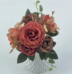 Konstgjorda blommor retro silkesrosa bukett hortensia peony vintage brud håller falska växter hem bröllop dekoration tillbehör gc579