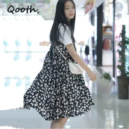 Qooth Kobiety Koreański Japonia Styl Moda Szyfonowa Sukienka Kawaii Spaghetti Pasek Suknie Daisy Drukowane Mid-Calf Dress Dress QT014 210518