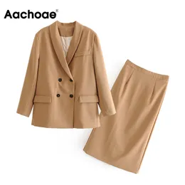 Aachoae Solide Elegante 2 Stück Set Frauen Schal Kragen Zweireiher Casual Blazer Hohe Taille Seite Split Midi Rock Mujer faldas 210413