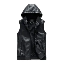 Idopy Winter Warm Mäns Biker Faux Läder Waistcoat Med Hood Fleece PU Ärmlös Jacka Hoodie Zippers Mäns päls