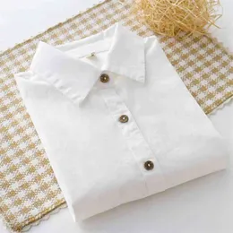 100% Cotton Long Sleeve White Shirt Ol Office Lady Turn-down Collar Shirts Wood button Women Casual Tops Blusas D208 210512