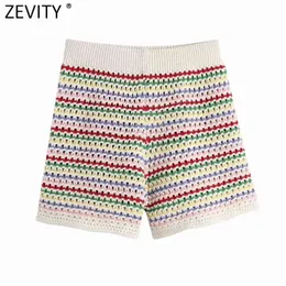 Kvinnor mode regnbåge randig jacquard bermuda shorts kvinnlig chic hög midja stickad slim pantalone cortos p1021 210416