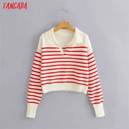 Tangada Women Red Striped Crop Sweater Jumper Turn Down Collar Elegant Oversize Pullovers Chic Tops BC69 210922