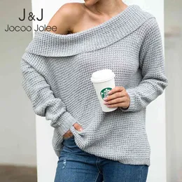 JOCoo Jolee Kobiety Jesień Zima Casual Z Długim Rękawem Off Sweter Ramię Solidna Luźna Knitting Pullover Plus Size Bluza 210518