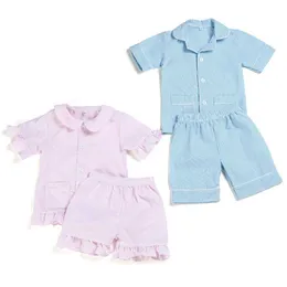 est matchande blå stripe nattkläder seersucker 100% bomull barn sommar pyjamas för pojkar 210908