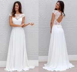 Bohemian White Dresses Lace Chiffon Open Back With Cap Sleeves Sheer Neck Sweep Train Cheap Beach Bridal Wedding Gowns 2021