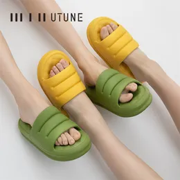 UTUNE Mute EVA Sofa Slide Thick Sole Soft Indoor Slipper Anti-slip Sandals Men Summer Platform Women Shoes Bath 210831