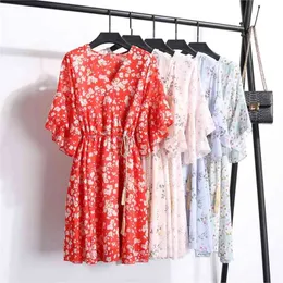 WWENN Women Casual Summer Dress Lady Korean Style Sweet Floral Printed Chiffon Shirt Half Sleeve Mini V-neck 210507