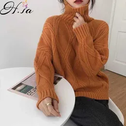 HSA 레트로 두꺼운 Turtleneck 스웨터 풀오버 여성용 스쿠아 스타일 Twised knitwear 느슨한 니트 탑 워밍 웨이 210716