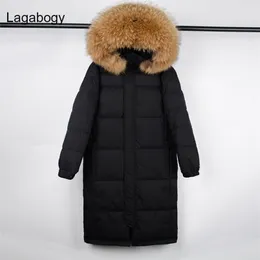 Lagabogy Large Real Raccoon Fur Winter Women 90% White Duck Down Jacket Female Thick Hooded Long Parkas Oversized Snow Coat 211221