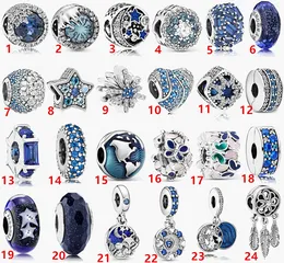 Fine jewelry Authentic 925 Sterling Silver Bead Fit Pandora Charm Bracelets Charms Blue Star Charm Style Charm Beads Safety Chain Pendant DIY beads