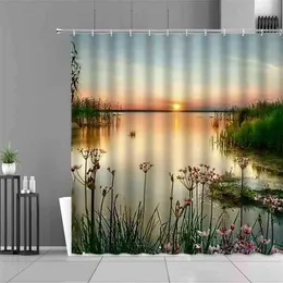 Sunset Dusk River Scenery Shower Curtain Plant Flower Tree Forest Waterfall Spring Summer Landscape Home Decor Bathroom Curtains 210609