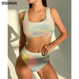 INGAGA Push Up Bikini Costumi da bagno da donna Vita alta Biquini Sexy Tie dye Costumi da bagno Taglio Costumi da bagno Costumi da bagno a costine 210702