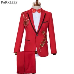 Red Cekiny Haft Kwiatowy garnitur z spodniami Mężczyźni ślub Groom Smoking Garnitury Mężczyźni raz Przycisk Kostium Lapel Homme Mariage 2xl 210522