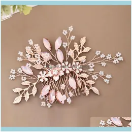 Hårsmyckesklipp Barrettes Rose Gold Color Flower Leaf Shining Crystal Beads Combs Bride Noiva Wedding Jewelry Headwear Forseven Dro