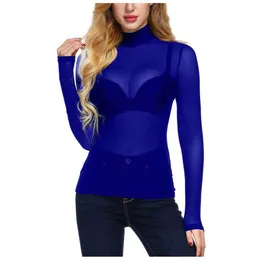 Women Mesh Tops T-shirt Sexy Ladies White Black Red Blue Long Sleeve Basic See-through Goth Fashion Solid Color Party Club X0628