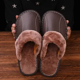 Stenby Vinter Äkta läder Tofflor Non-Slip Hem Tofflor Män och Kvinnor Slipper Par Varma Läder Bomull Slippers Y0731