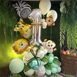 48pcs/set Jungle Animal Party foil number Balloons set Forest Safari jungle giraffe Kids 1-9th Birthday Party Decors globos 210719