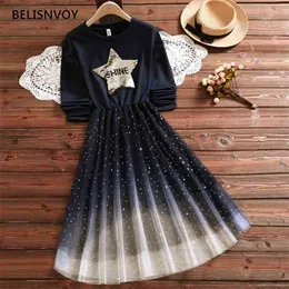 Mori Girl College Style Klänning Höst Vårnät Gradient Patchwork Sequins Star Femininos Vestidos Långärmade Tjejer Klänningar 210520