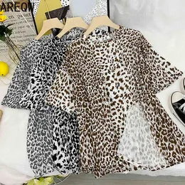 3270 T-shirt Styl Spring and Letni z Temperament Leopard Drukuj z długim rękawem Slim Body Split Round Neck Women 210507