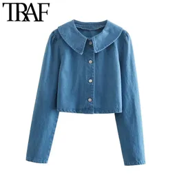 TRAF Women Fashion Peter Pan Collar Beskuren Denim Jacket Coat Vintage Långärmad Button-Up Kvinna Ytterkläder Chic Toppar 210415