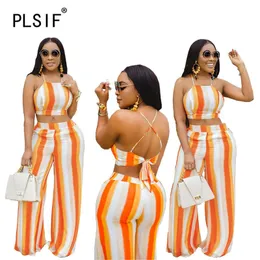 Summer Beach Crop Top and Long Pant Set Striped 2 Sztuk Stroje Lady Dopasowywanie Dopasowania X0428