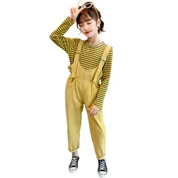 Kids Clothes Girls Striped Tshirt + Jumpsuit Clothing For Spring Teenage Casual Children's Costume 210527
