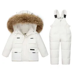 2021 New Zima Dzieci Zestawy Odzież Dziewczyny Snowuit Coat Boy Down Kurtka Kombinezony dla chłopca Prawdziwe Fur Kids Odzieży Odzieży 1-6Y H0909