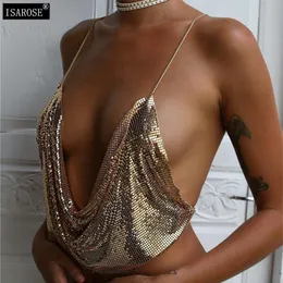 Isarose Metal Cekiny Camisole Głębokie V Backless Glitter Regulowany łańcuch Przycięte Top Kobiety Swimsuit Cover Klucz nocny Kropki Topy 210422