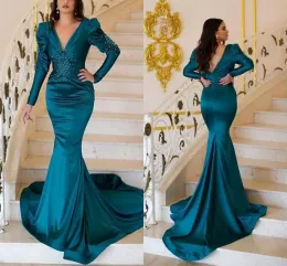 Turquoise Mermaid Evening Dresses Long Sleeves Satin Beaded V Neck Ruched Pleats Custom Made 2022 Prom Party Gown Sweep Train Celebrity Formal Occasion vestidos