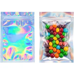 WhoSale Resealable Luktsäker väskor Foliepåse Bag Plattlaser Färgförpackning för Party Favor Food Storage Holografiska färger