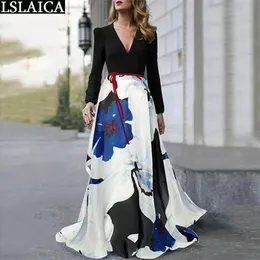Långärmad Patchwork Dress V-Hals Sexig Fashion Party Big Swing Print Höst Sommar Vestidos de Fiesta 210515