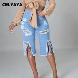 CM.yaya Kobiety Jeans Hole Ripped Tassle Low Waist Elastyczne Flare Długość Dżinsowe Spodnie Sexy Fashion High Street Spodnie 210616